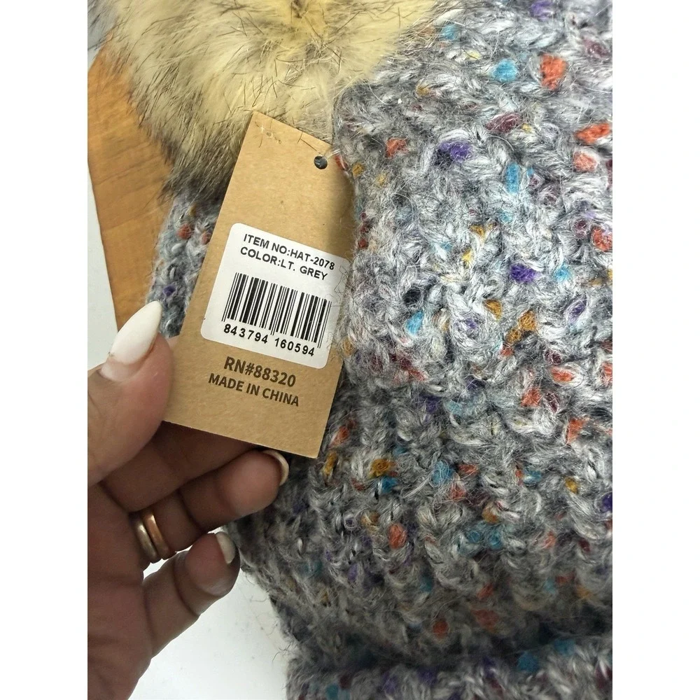 C.C Confetti Knit Beanie Hat Faux Fur Pom Pom Fuzzy Lined Gray One Size NWT